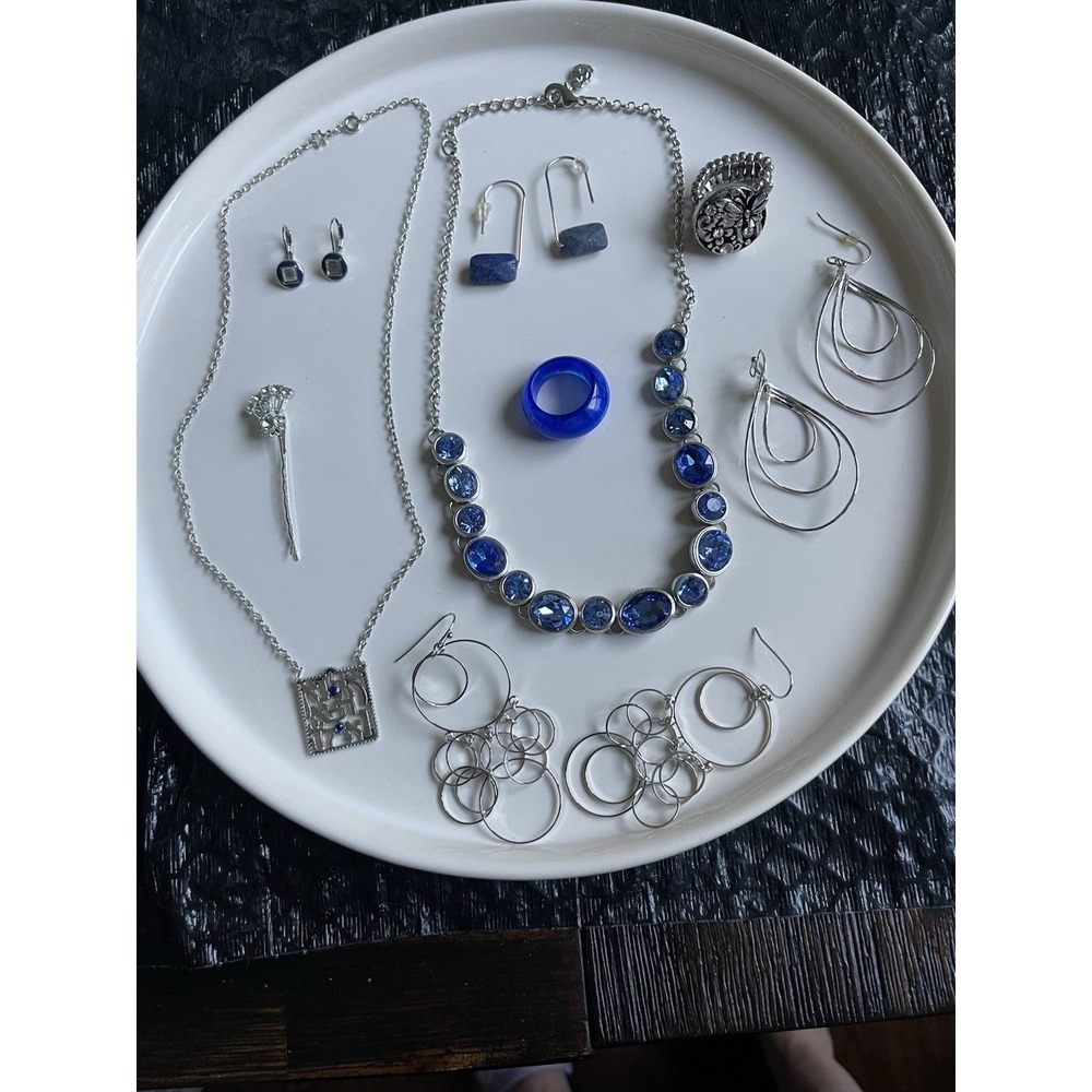 Jewelry Bundle Blue & Silver , 2 Necklaces, 4 Earrings, 2 Rings ,1 Hair Pin